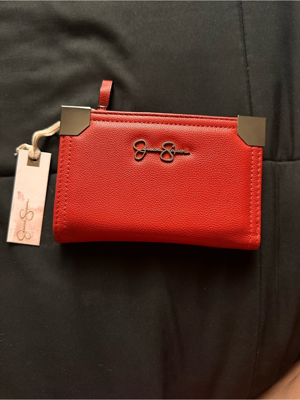 Jessica Simpson Red Zip Card Holder with Metal Corner Accents